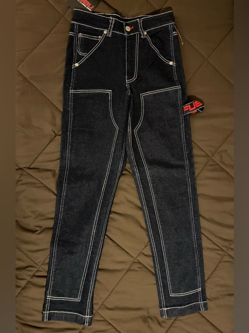 FUBU Women’s Double Knee Straight Leg Carpenter’s Jeans Size 24 Dark Blue BNWT